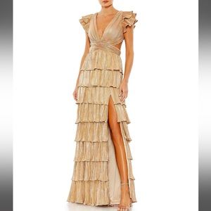 Ieena for Mac Duggal Deep V-Neck Ruffle Shoulder Cap Sleeve